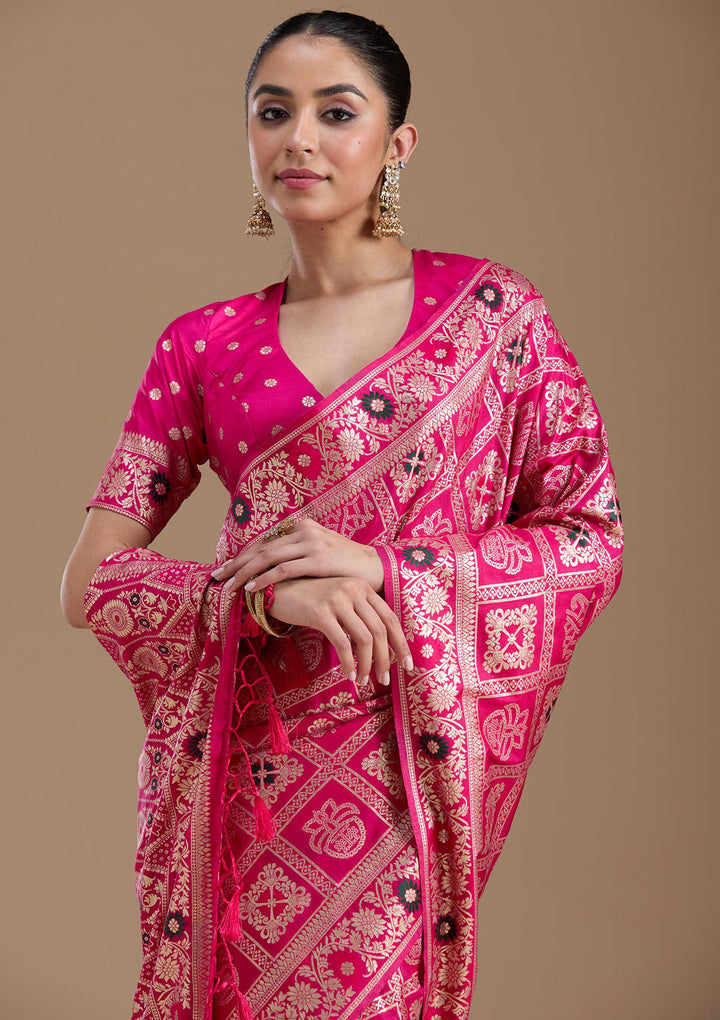 Magenta Pink Silk Jaal Saree With Matching Blouse Piece