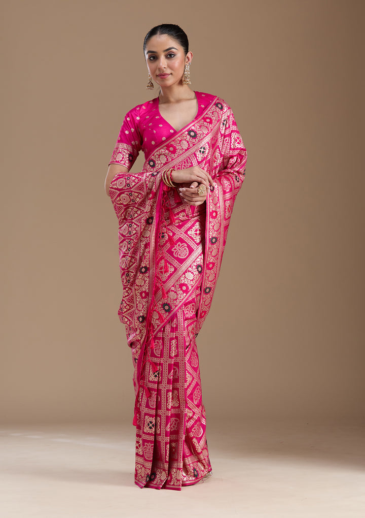 Magenta Pink Silk Jaal Saree With Matching Blouse Piece