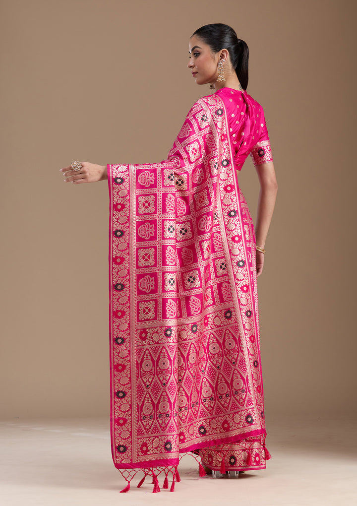 Magenta Pink Silk Jaal Saree With Matching Blouse Piece