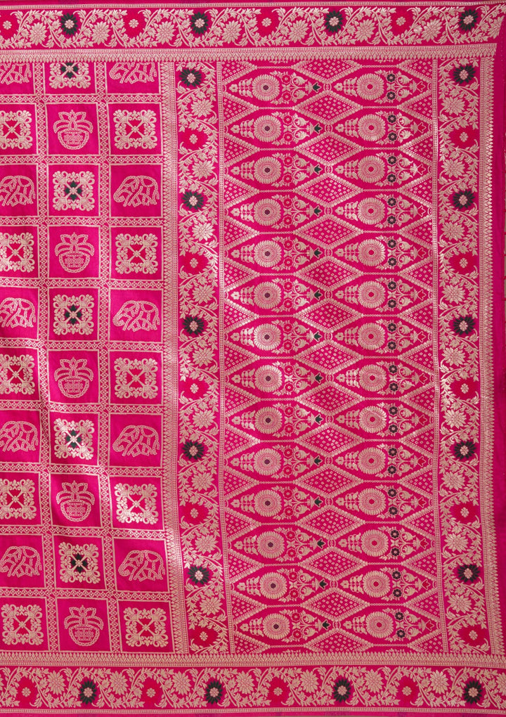 Magenta Pink Silk Jaal Saree With Matching Blouse Piece