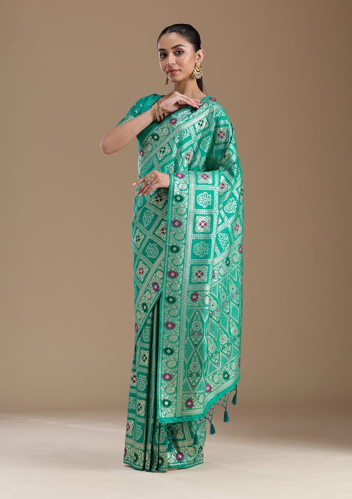 Rama Green Silk Jaal Saree With Matching Blouse Piece