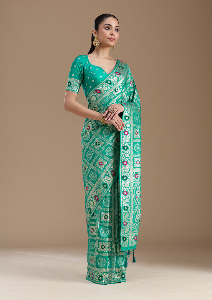 Rama Green Silk Jaal Saree With Matching Blouse Piece