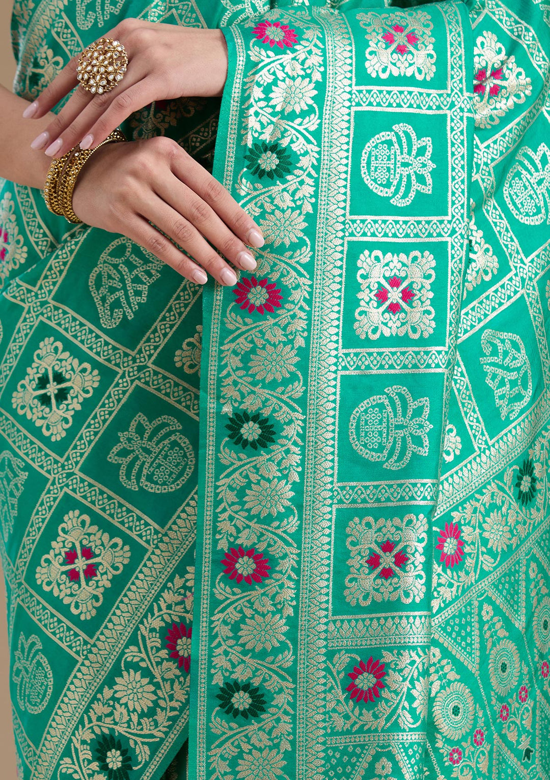 Rama Green Silk Jaal Saree With Matching Blouse Piece