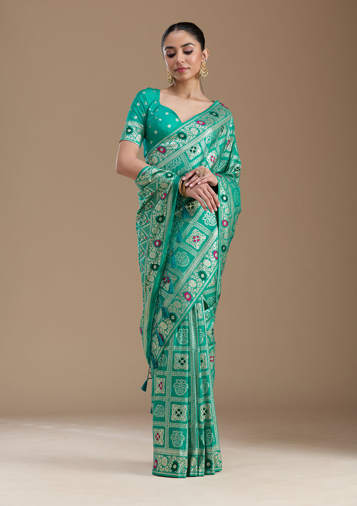 Rama Green Silk Jaal Saree With Matching Blouse Piece