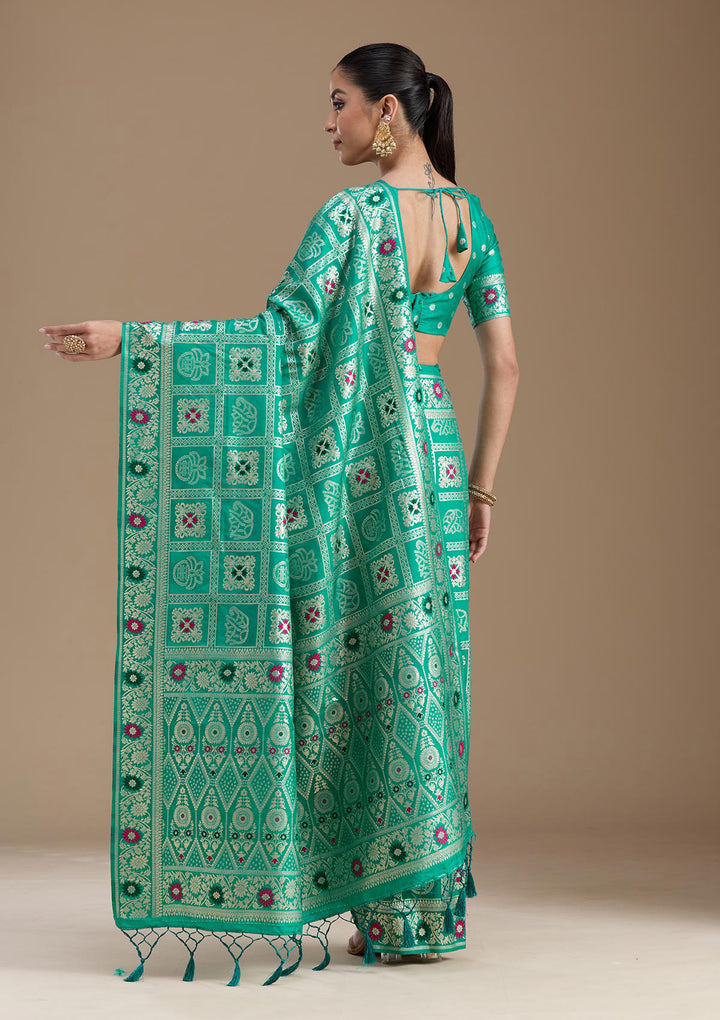 Rama Green Silk Jaal Saree With Matching Blouse Piece