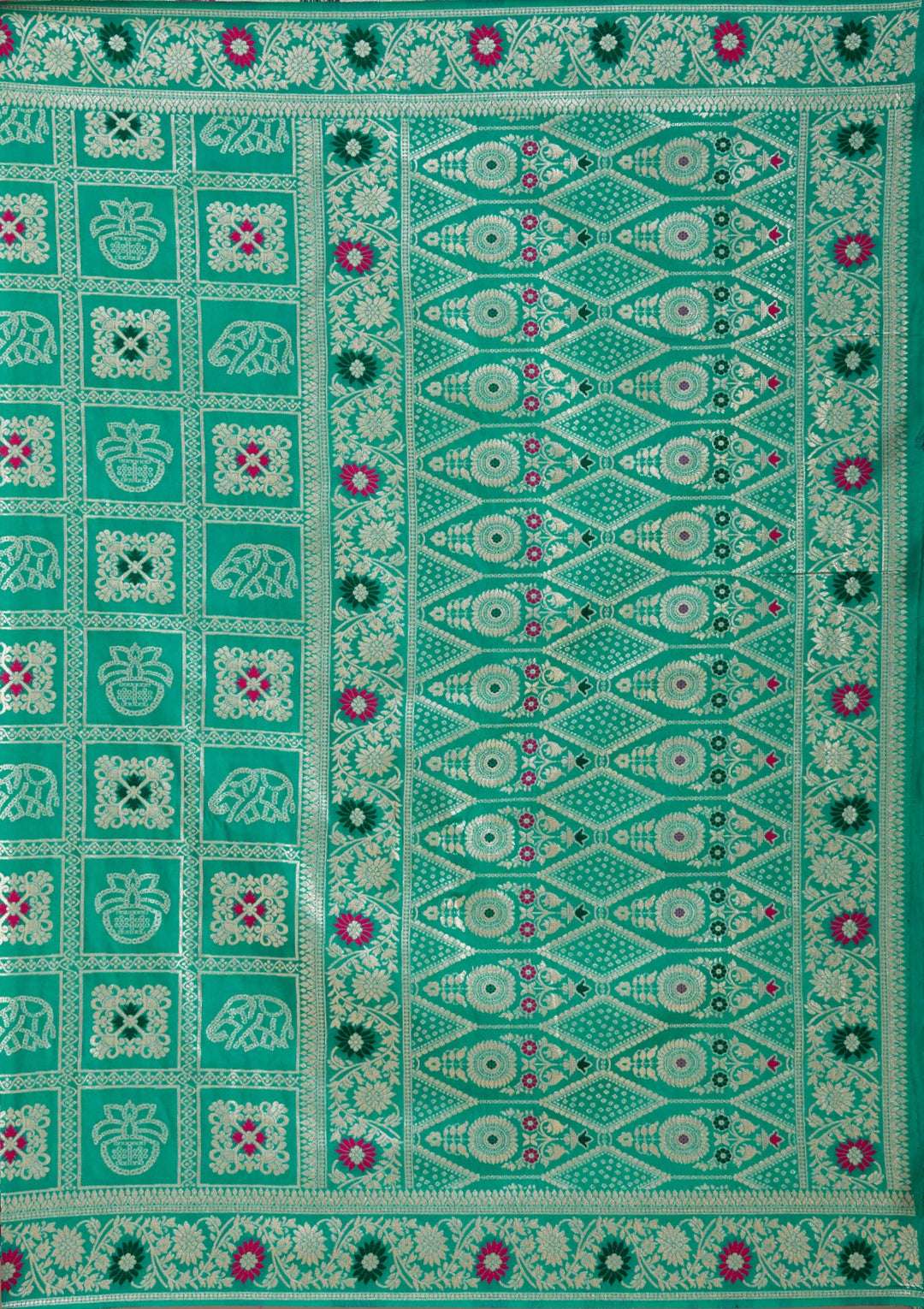 Rama Green Silk Jaal Saree With Matching Blouse Piece
