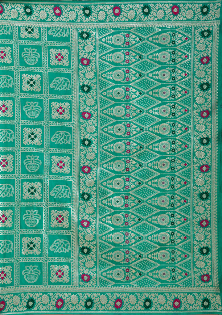 Rama Green Silk Jaal Saree With Matching Blouse Piece