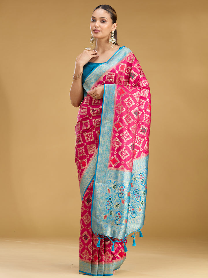 Magenta Pink Silk Jaal Zariwork Saree With Matching Blouse Piece