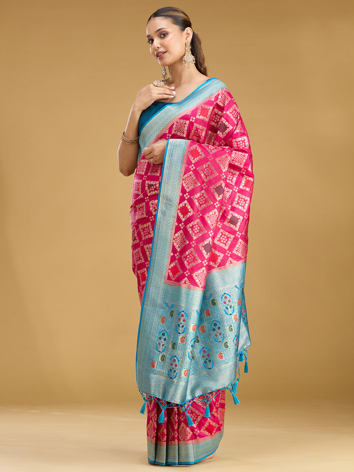 Magenta Pink Silk Jaal Zariwork Saree With Matching Blouse Piece
