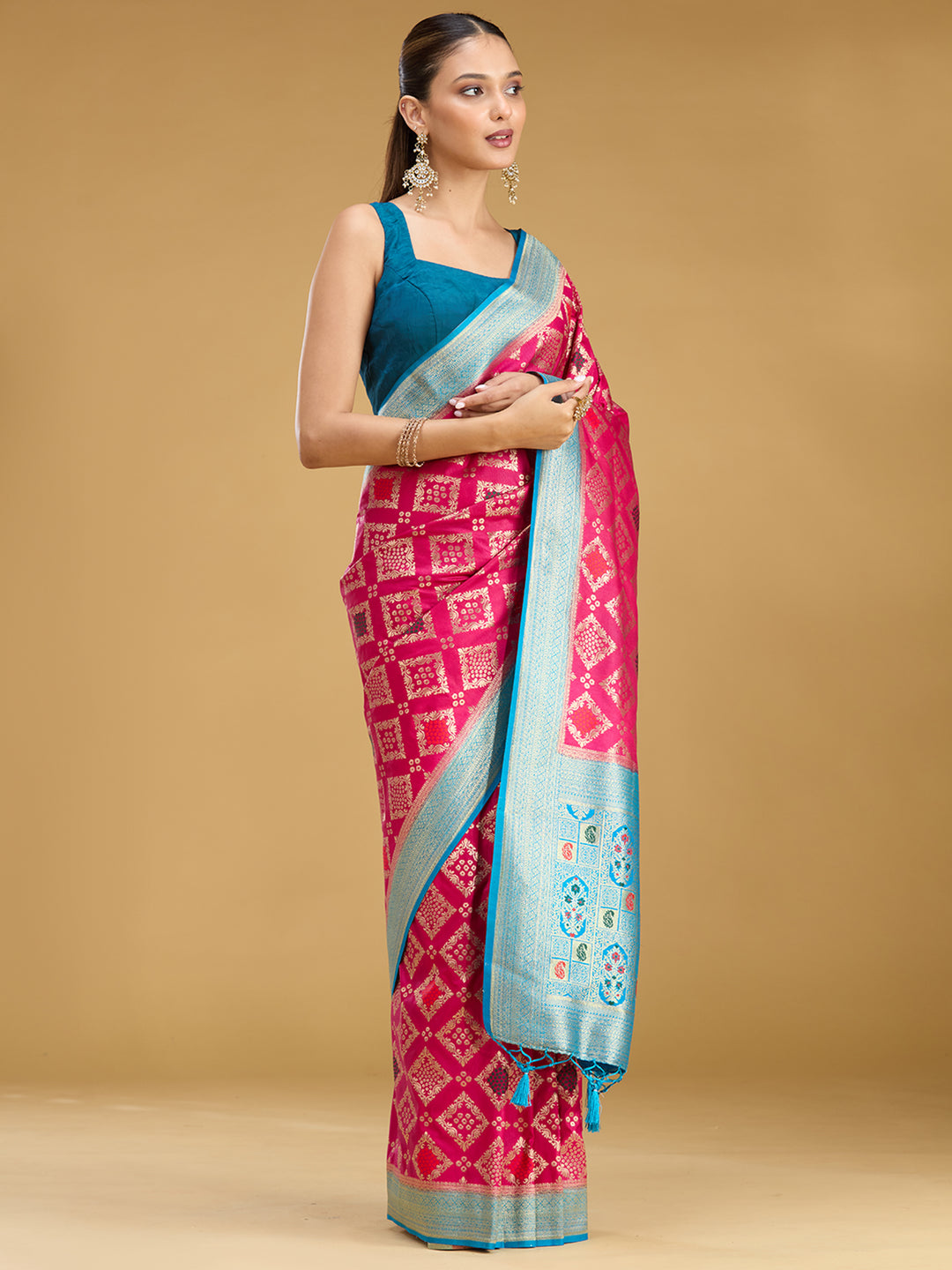 Magenta Pink Silk Jaal Zariwork Saree With Matching Blouse Piece