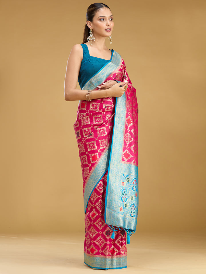 Magenta Pink Silk Jaal Zariwork Saree With Matching Blouse Piece