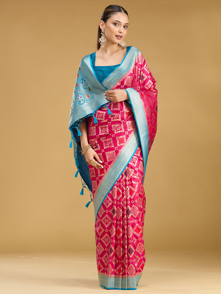 Magenta Pink Silk Jaal Zariwork Saree With Matching Blouse Piece