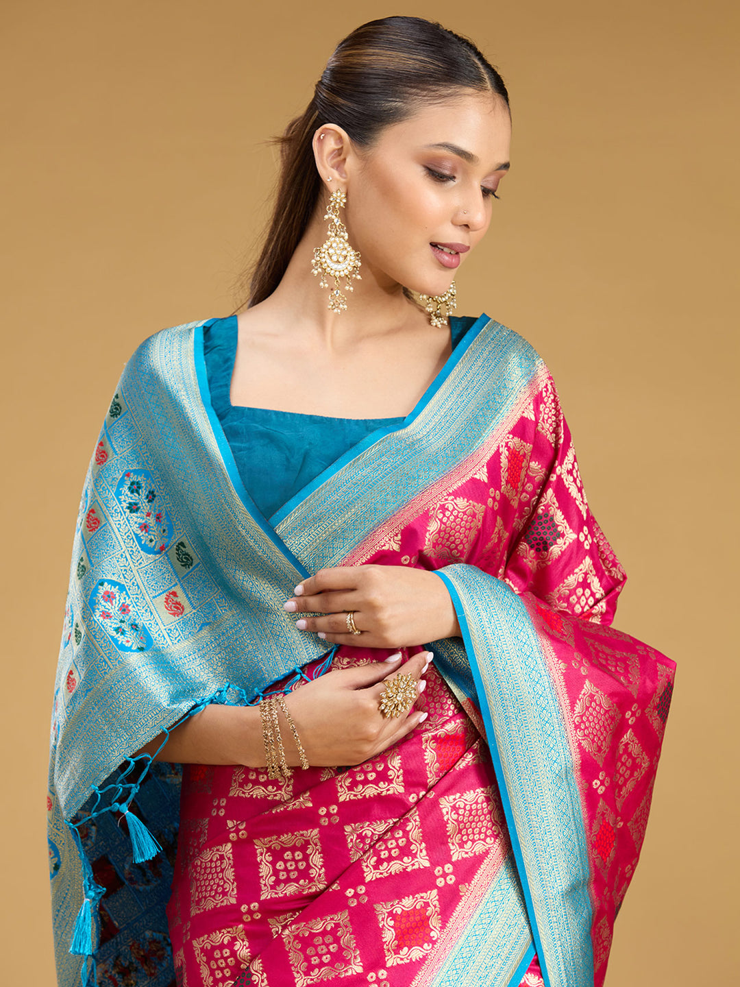 Magenta Pink Silk Jaal Zariwork Saree With Matching Blouse Piece