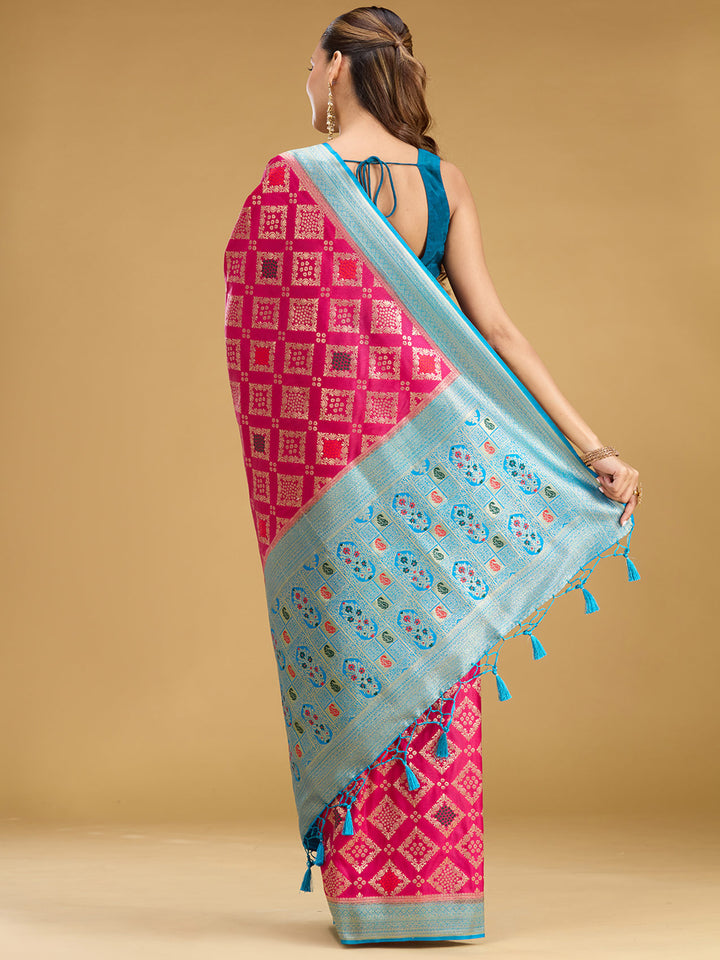 Magenta Pink Silk Jaal Zariwork Saree With Matching Blouse Piece