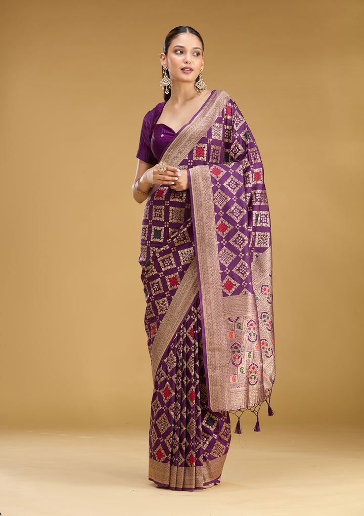 Purple Silk Jaal Zariwork Saree With Matching Blouse Piece