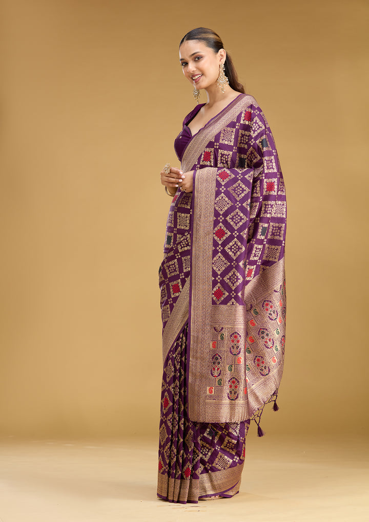 Purple Silk Jaal Zariwork Saree With Matching Blouse Piece