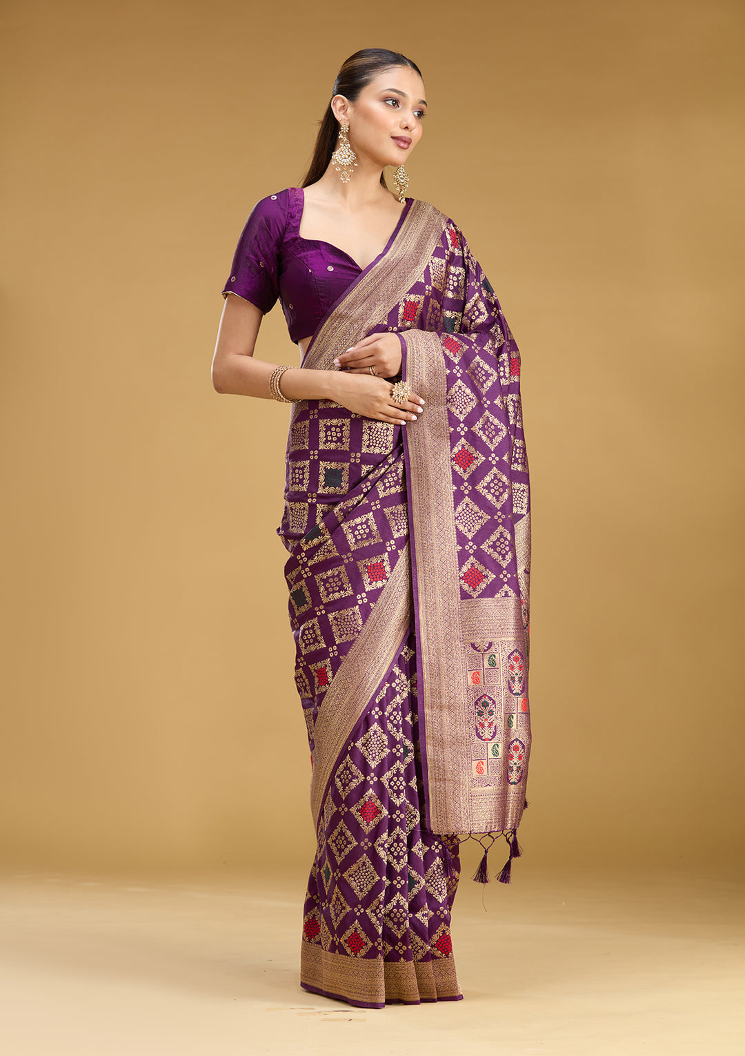 Purple Silk Jaal Zariwork Saree With Matching Blouse Piece