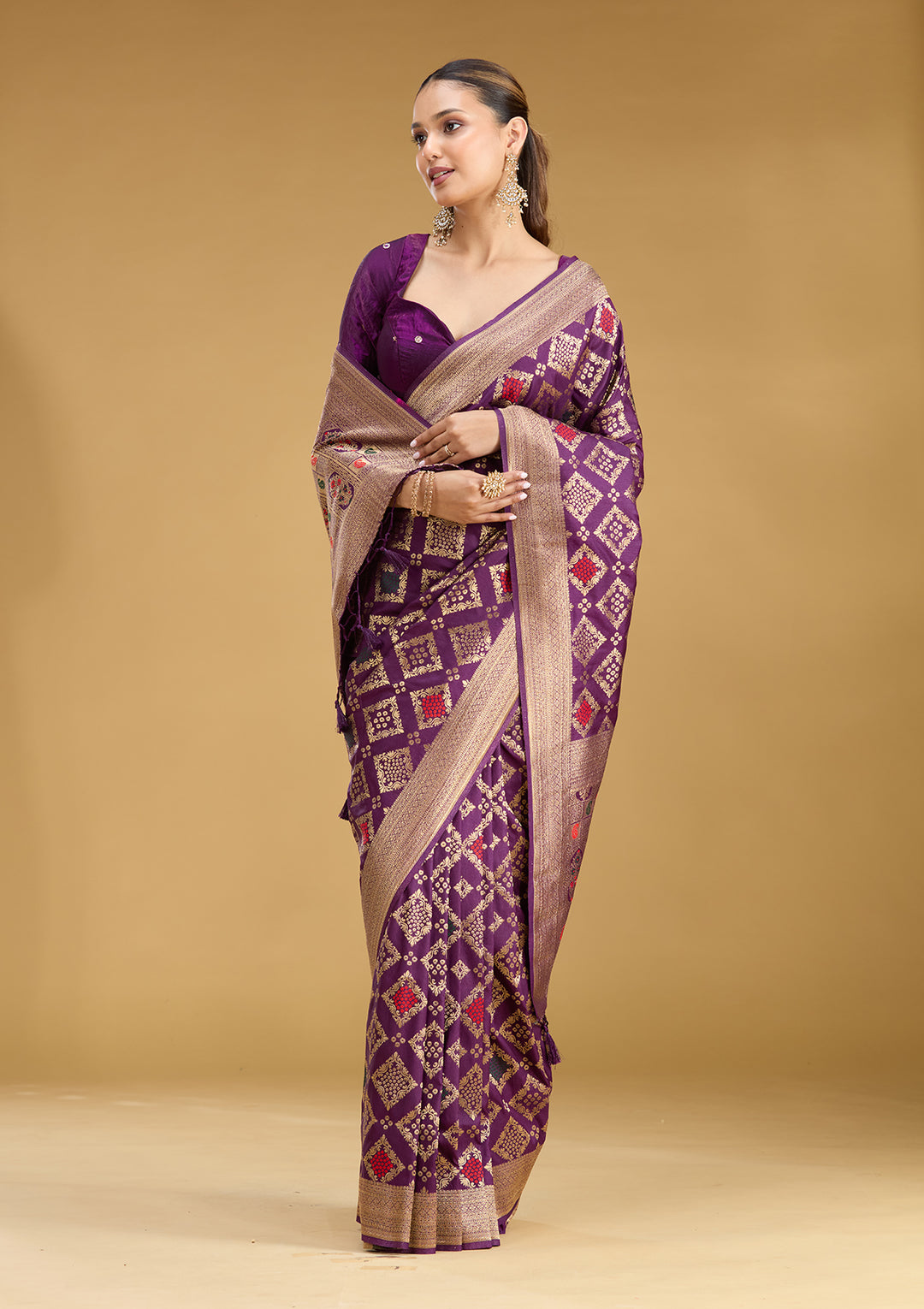 Purple Silk Jaal Zariwork Saree With Matching Blouse Piece