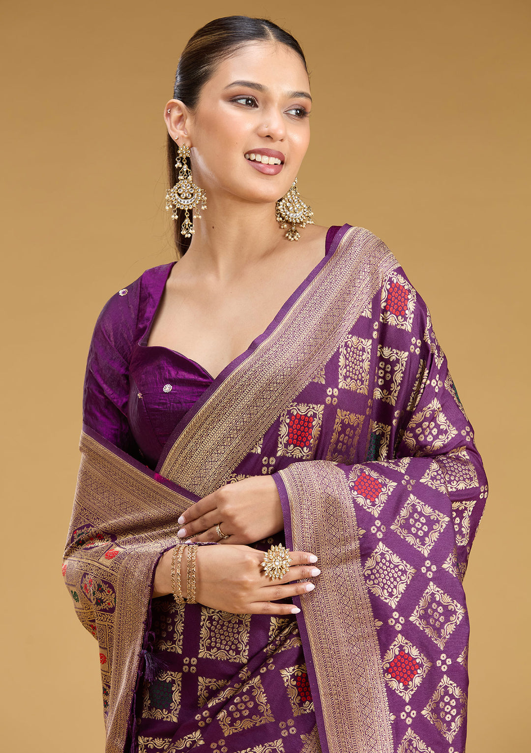 Purple Silk Jaal Zariwork Saree With Matching Blouse Piece