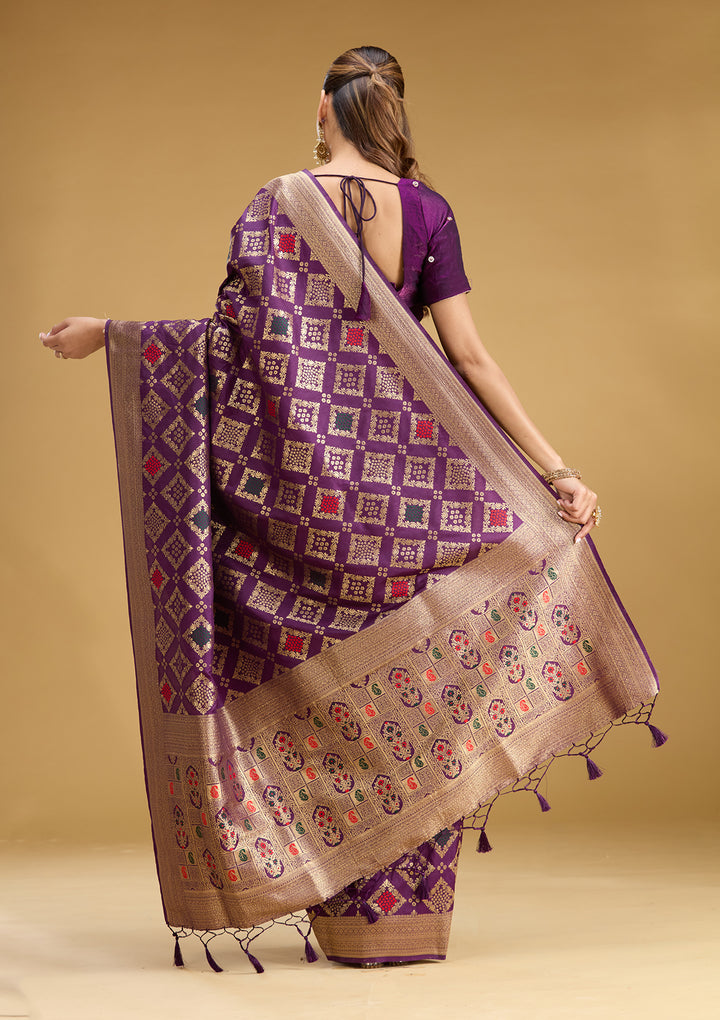 Purple Silk Jaal Zariwork Saree With Matching Blouse Piece