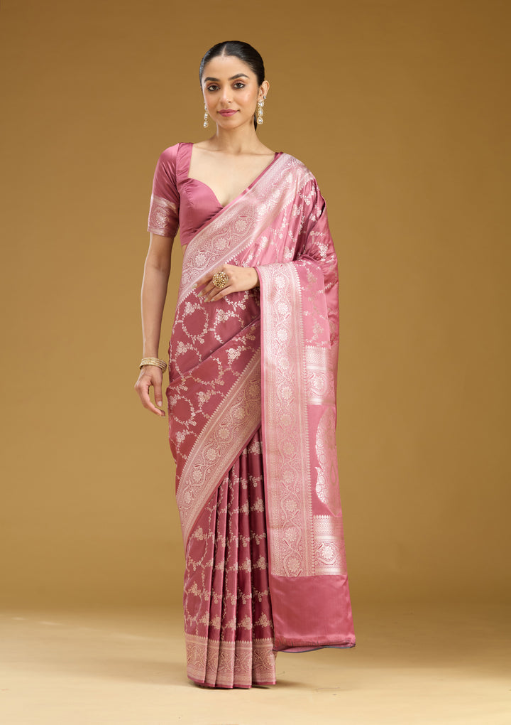 Mauve Silk Jaal Gold Zariwork Saree With Matching Blouse Piece