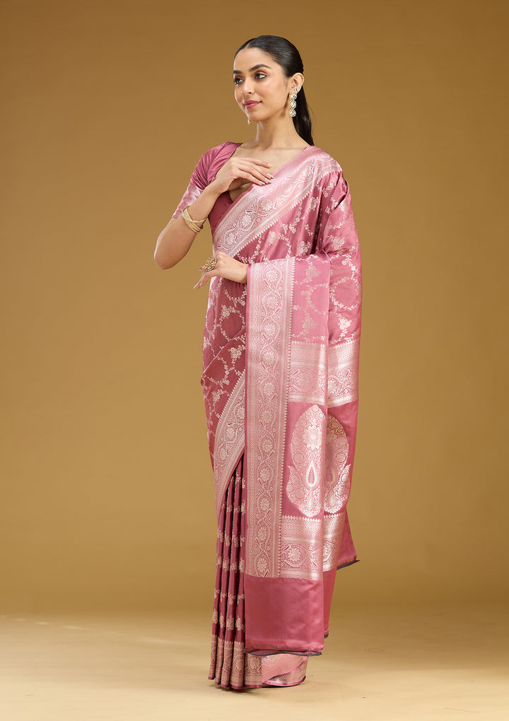 Mauve Silk Jaal Gold Zariwork Saree With Matching Blouse Piece