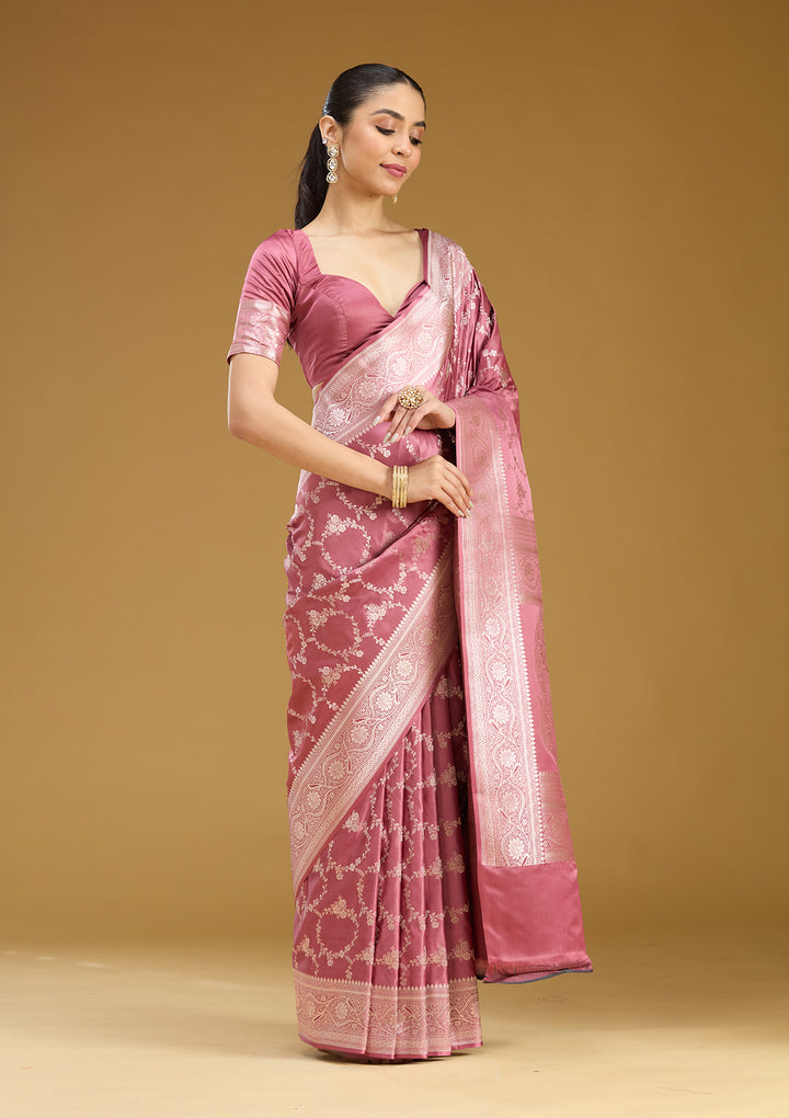 Mauve Silk Jaal Gold Zariwork Saree With Matching Blouse Piece