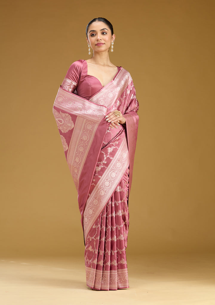 Mauve Silk Jaal Gold Zariwork Saree With Matching Blouse Piece