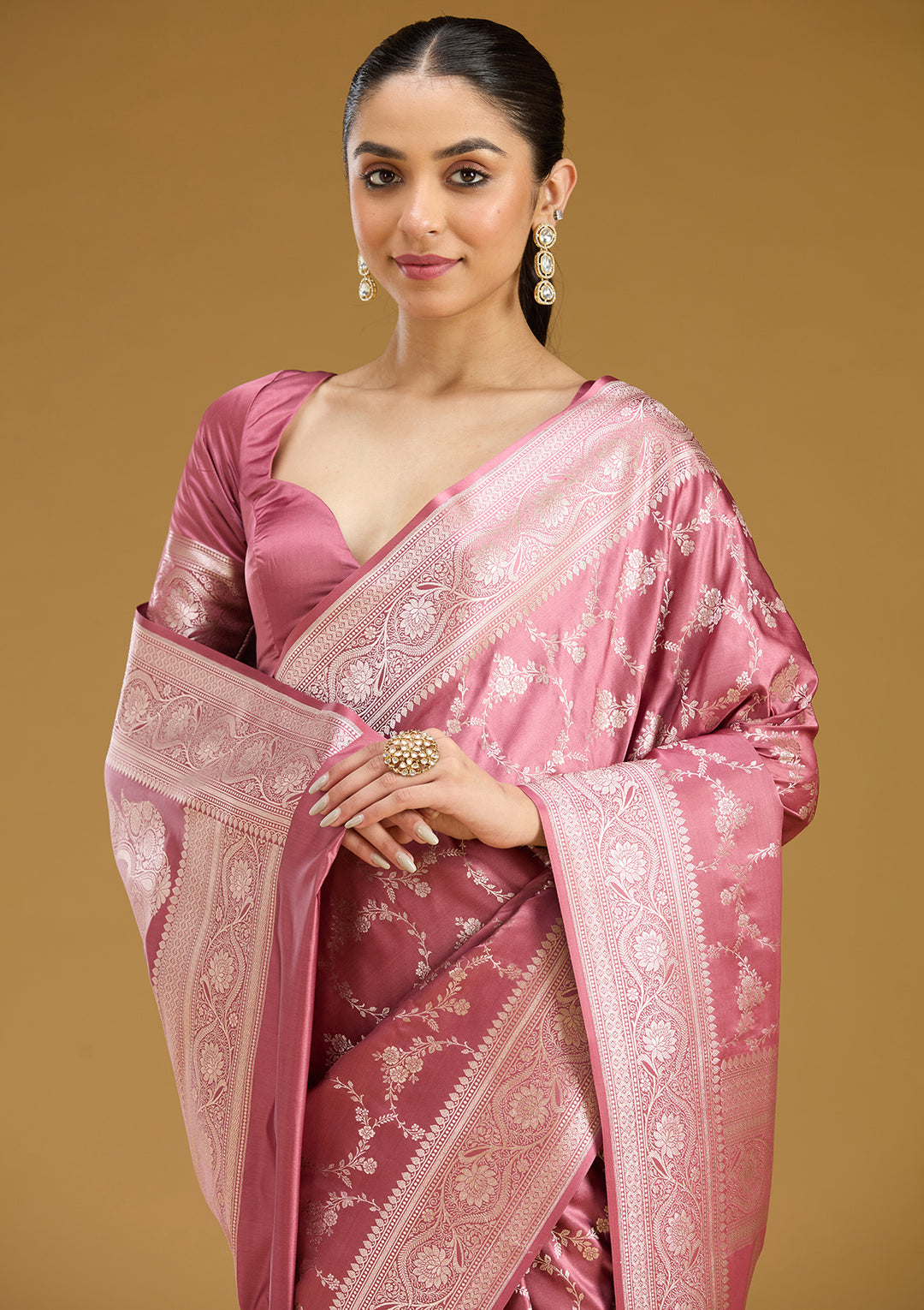 Mauve Silk Jaal Gold Zariwork Saree With Matching Blouse Piece