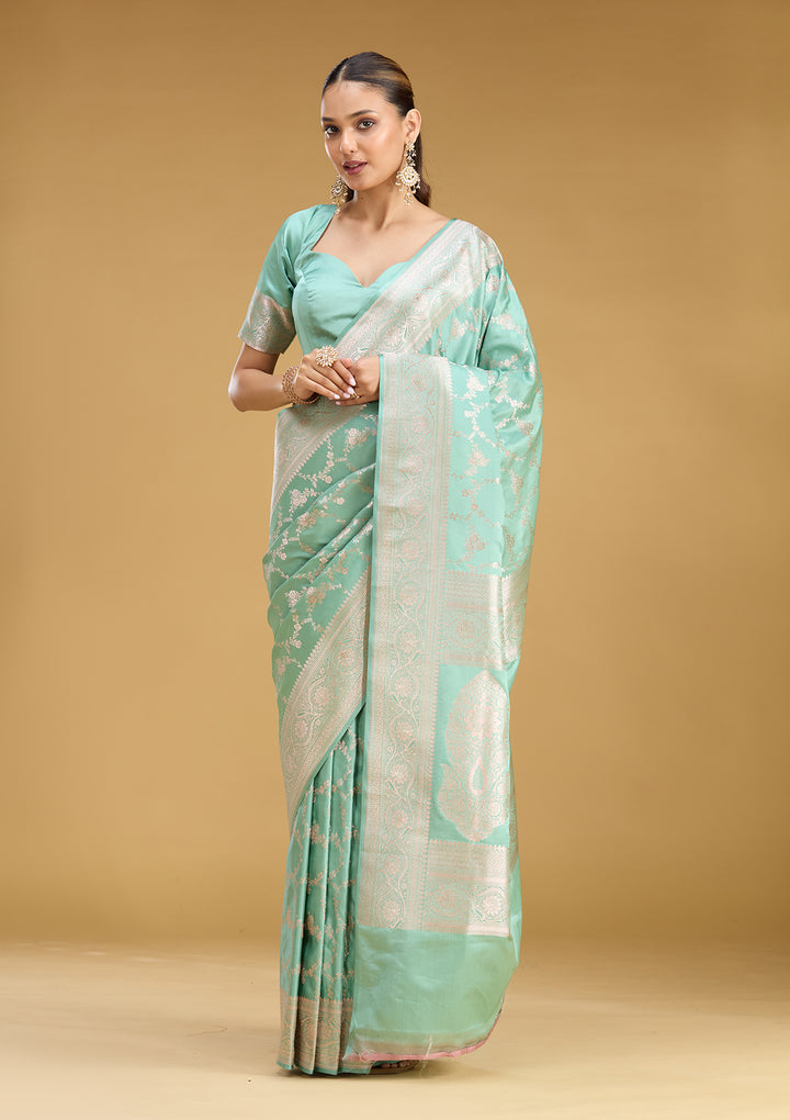 Sea Green Silk Jaal Gold Zariwork Saree With Matching Blouse Piece