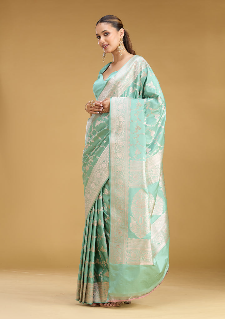 Sea Green Silk Jaal Gold Zariwork Saree With Matching Blouse Piece