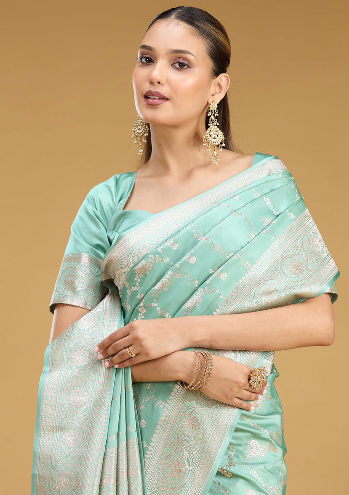 Sea Green Silk Jaal Gold Zariwork Saree With Matching Blouse Piece