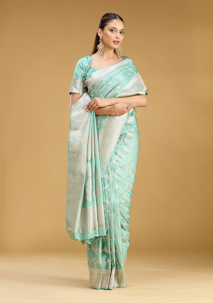 Sea Green Silk Jaal Gold Zariwork Saree With Matching Blouse Piece