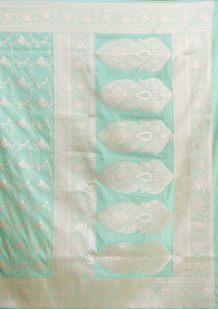Sea Green Silk Jaal Gold Zariwork Saree With Matching Blouse Piece