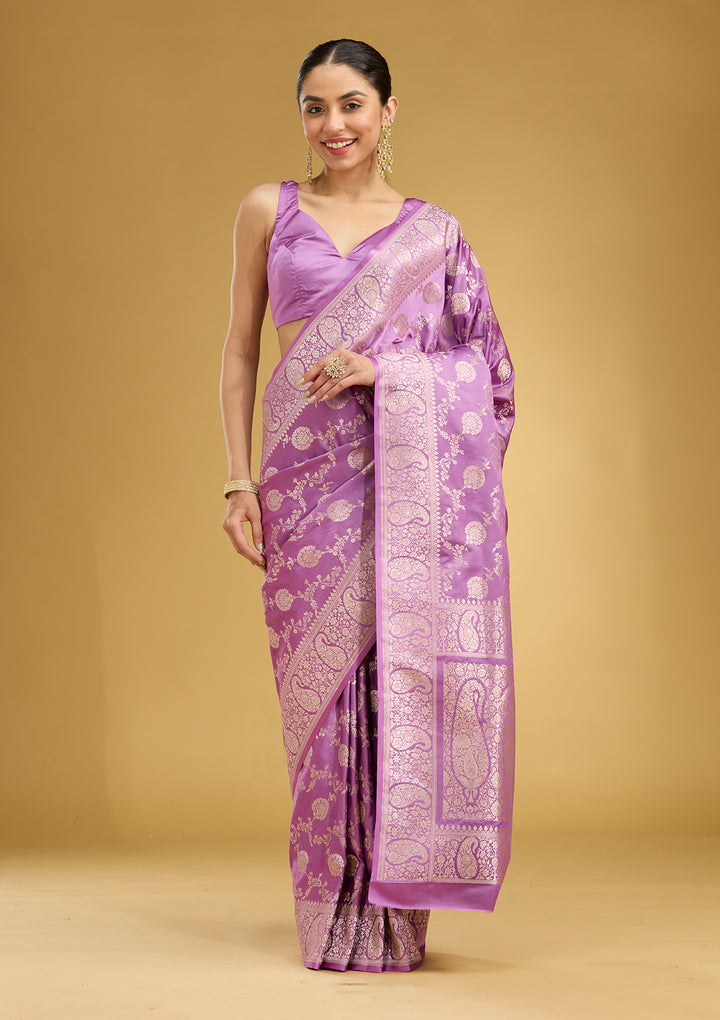 Lavender Silk Jaal Zariwork Saree With Matching Blouse Piece