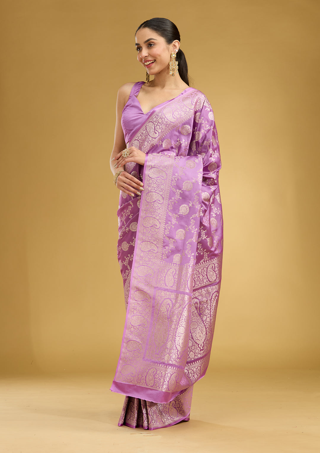 Lavender Silk Jaal Zariwork Saree With Matching Blouse Piece