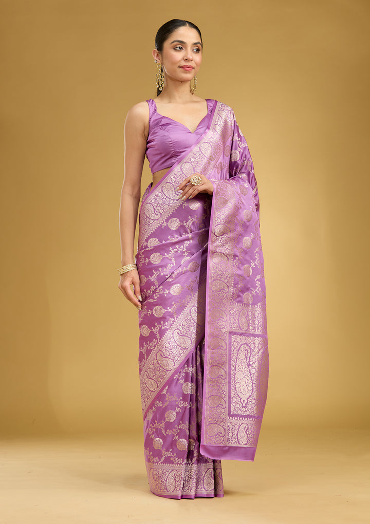 Lavender Silk Jaal Zariwork Saree With Matching Blouse Piece