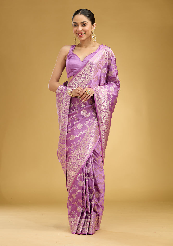 Lavender Silk Jaal Zariwork Saree With Matching Blouse Piece