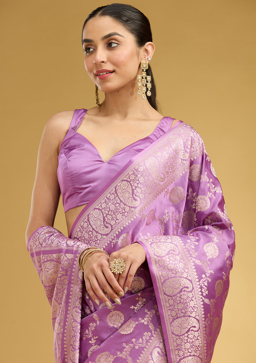 Lavender Silk Jaal Zariwork Saree With Matching Blouse Piece