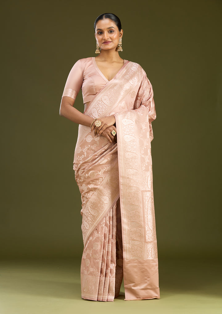 Light Brown Silk Jaal Zariwork Saree With Matching Blouse Piece