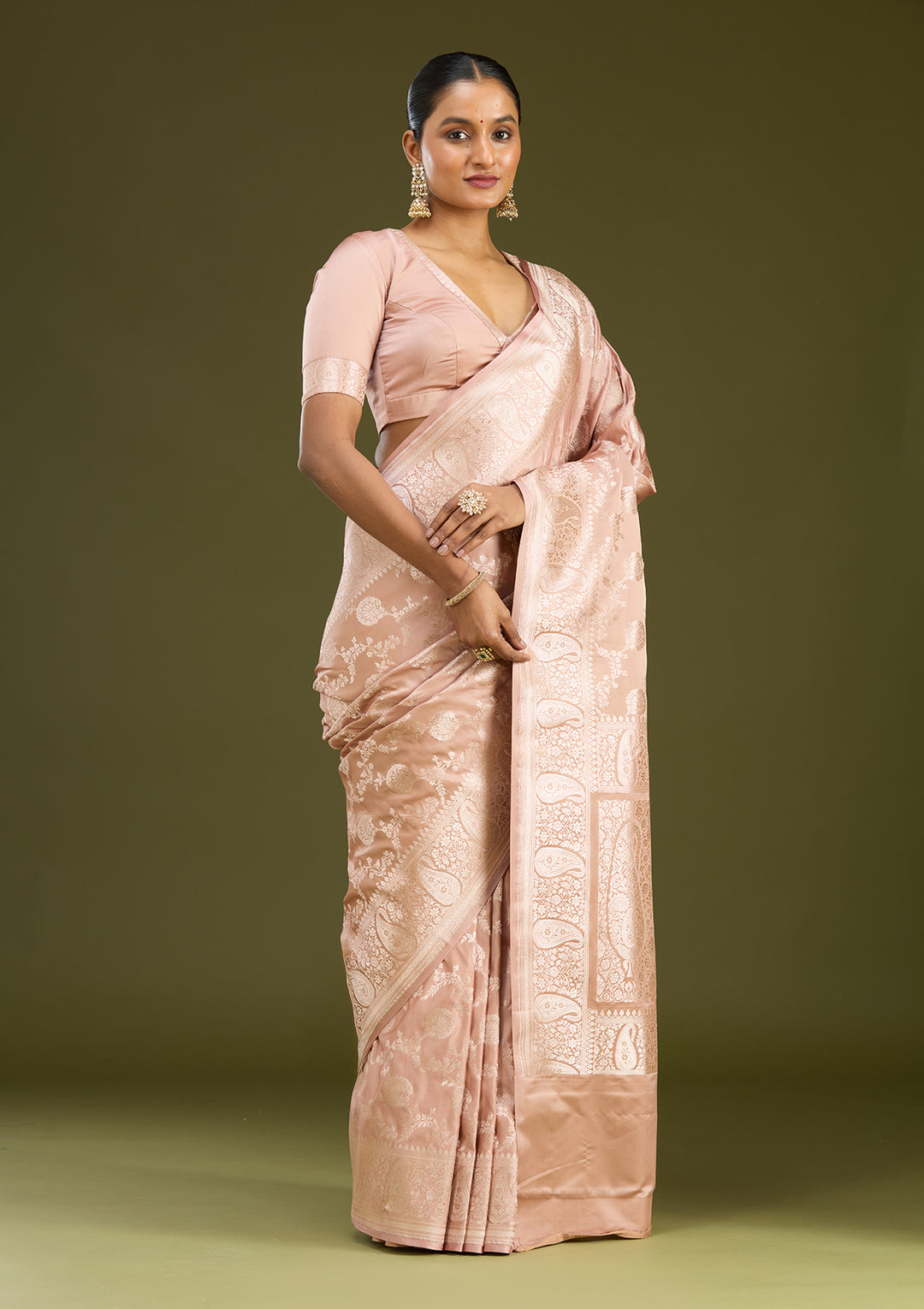 Light Brown Silk Jaal Zariwork Saree With Matching Blouse Piece
