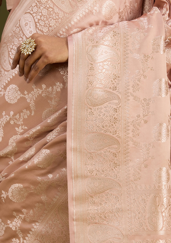Light Brown Silk Jaal Zariwork Saree With Matching Blouse Piece