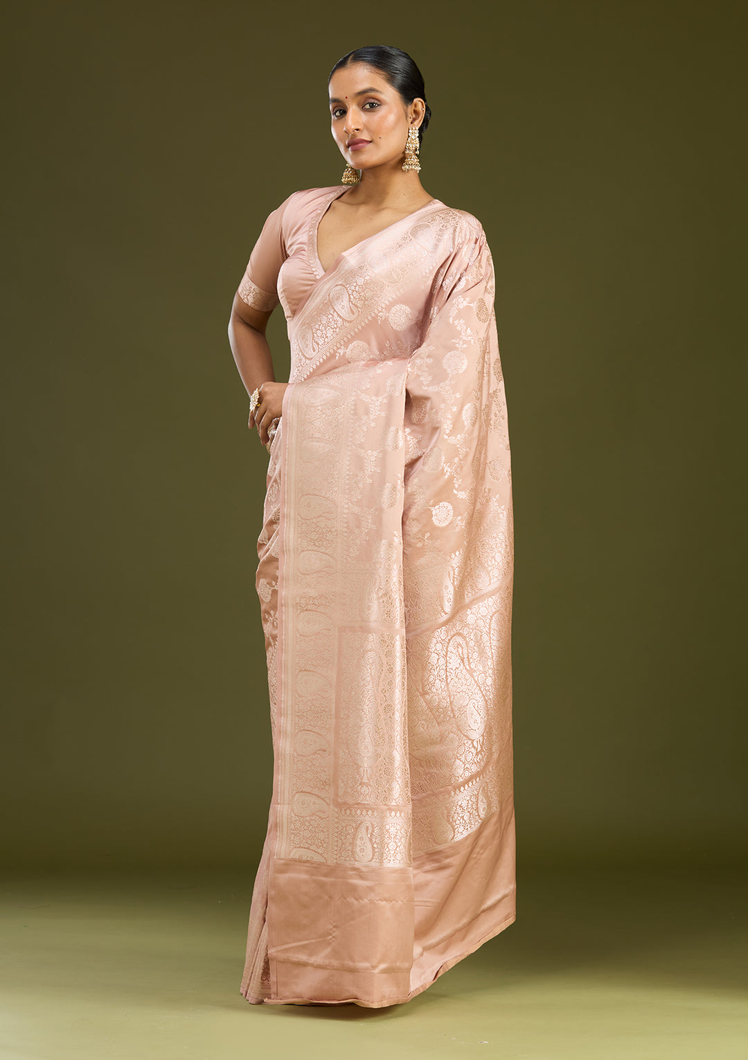 Light Brown Silk Jaal Zariwork Saree With Matching Blouse Piece