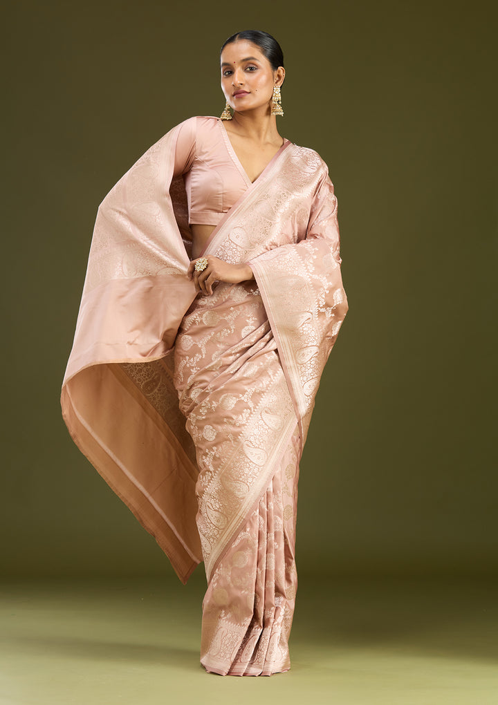 Light Brown Silk Jaal Zariwork Saree With Matching Blouse Piece