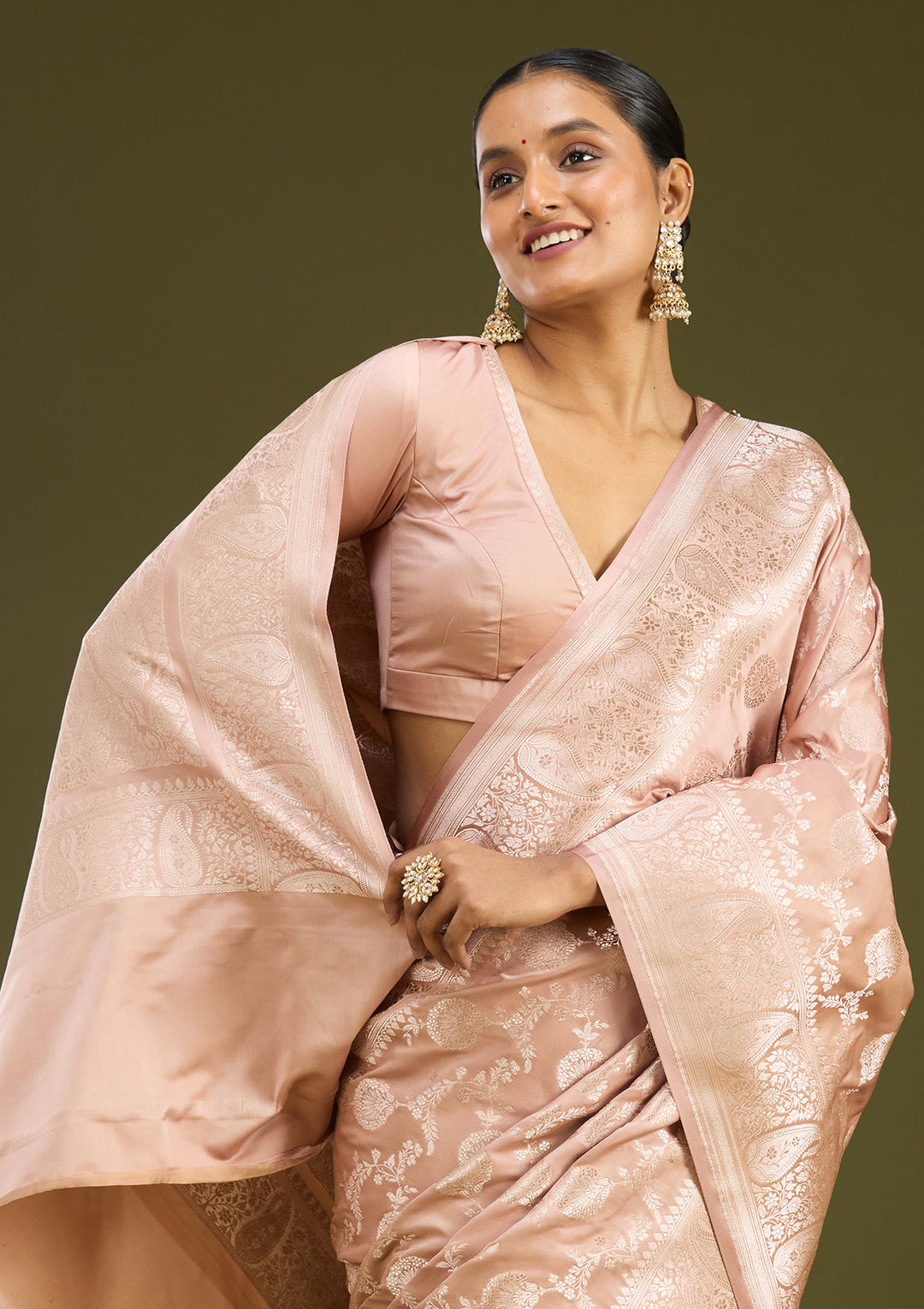 Light Brown Silk Jaal Zariwork Saree With Matching Blouse Piece
