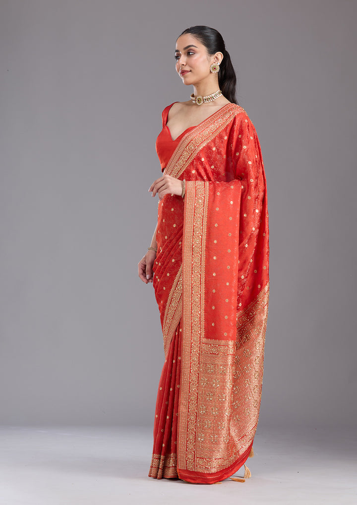 Orange Aariwork Silk Saree