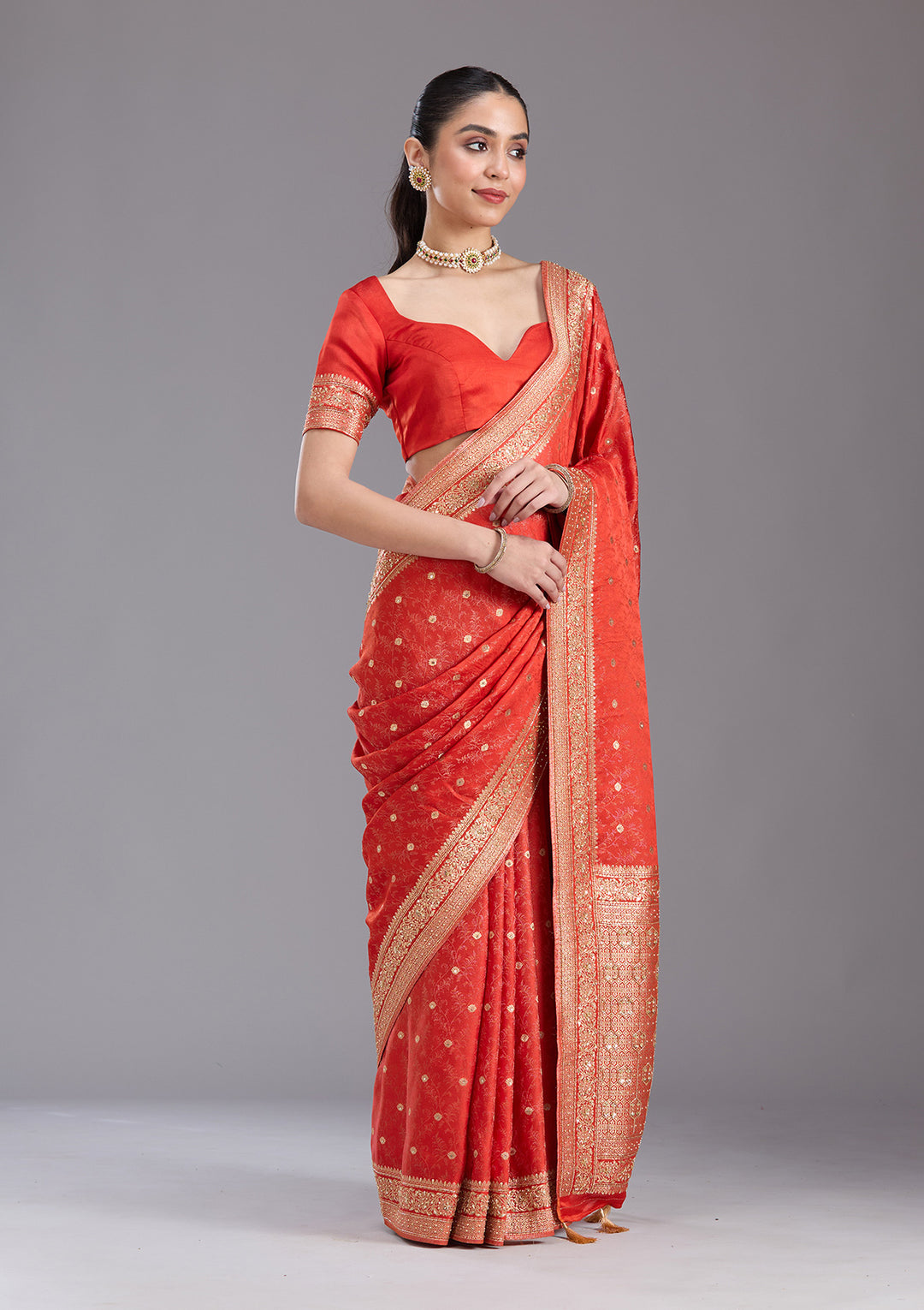 Orange Aariwork Silk Saree