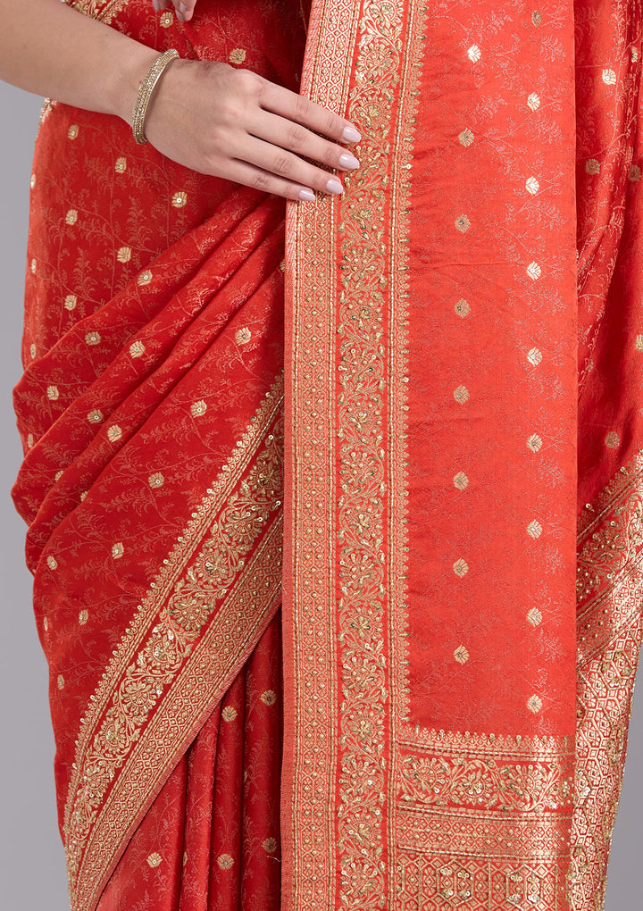 Orange Aariwork Silk Saree