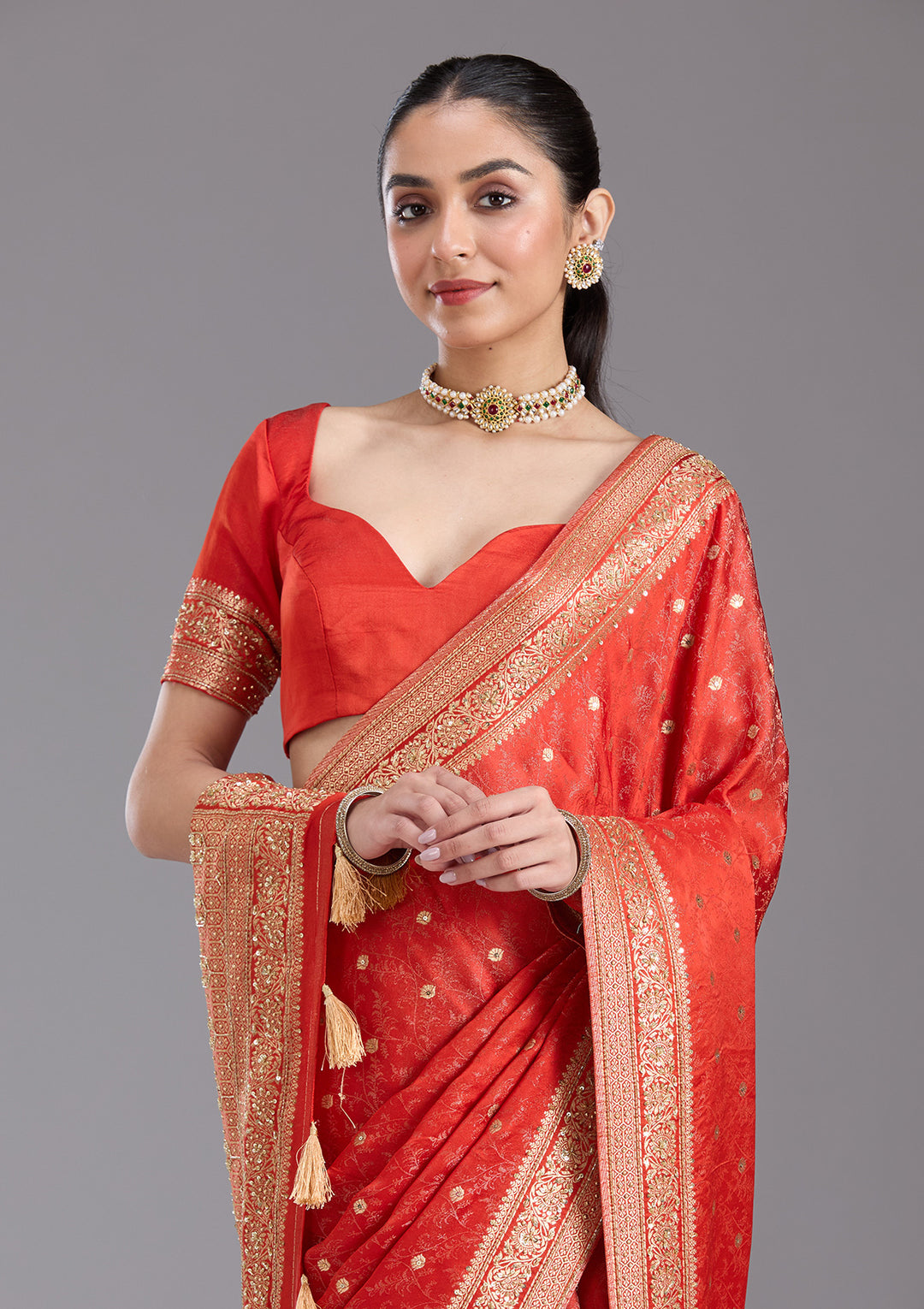 Orange Aariwork Silk Saree