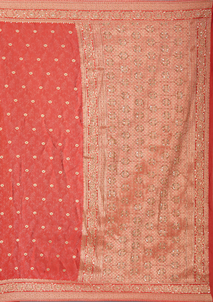 Orange Aariwork Silk Saree
